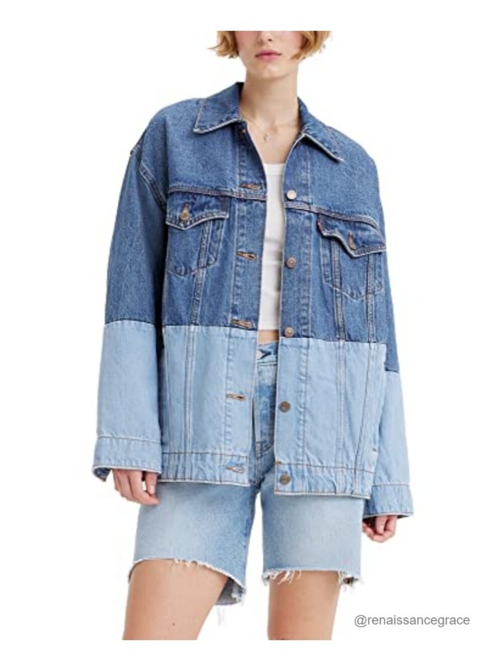 Women's Relaxed Baggy Denim Trucker Jacket Point Collar Snap Placket Cotton